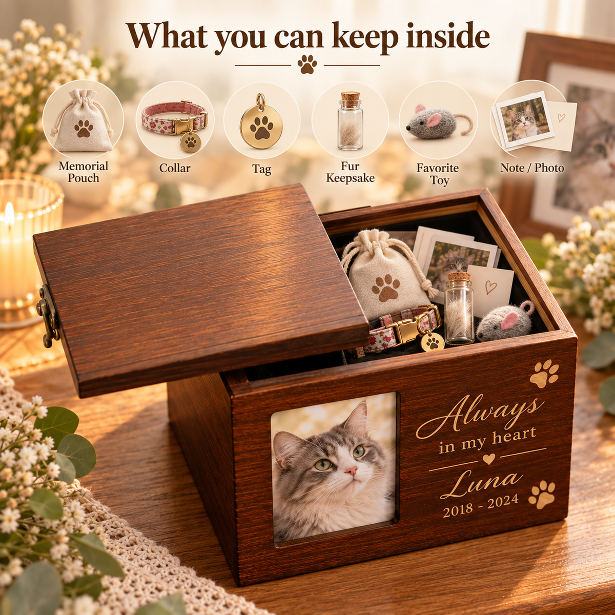 Custom Wooden Pet Urn & Memorial Box | Personalized Dog & Cat Ashes Casket with Photo Frame & Engraving