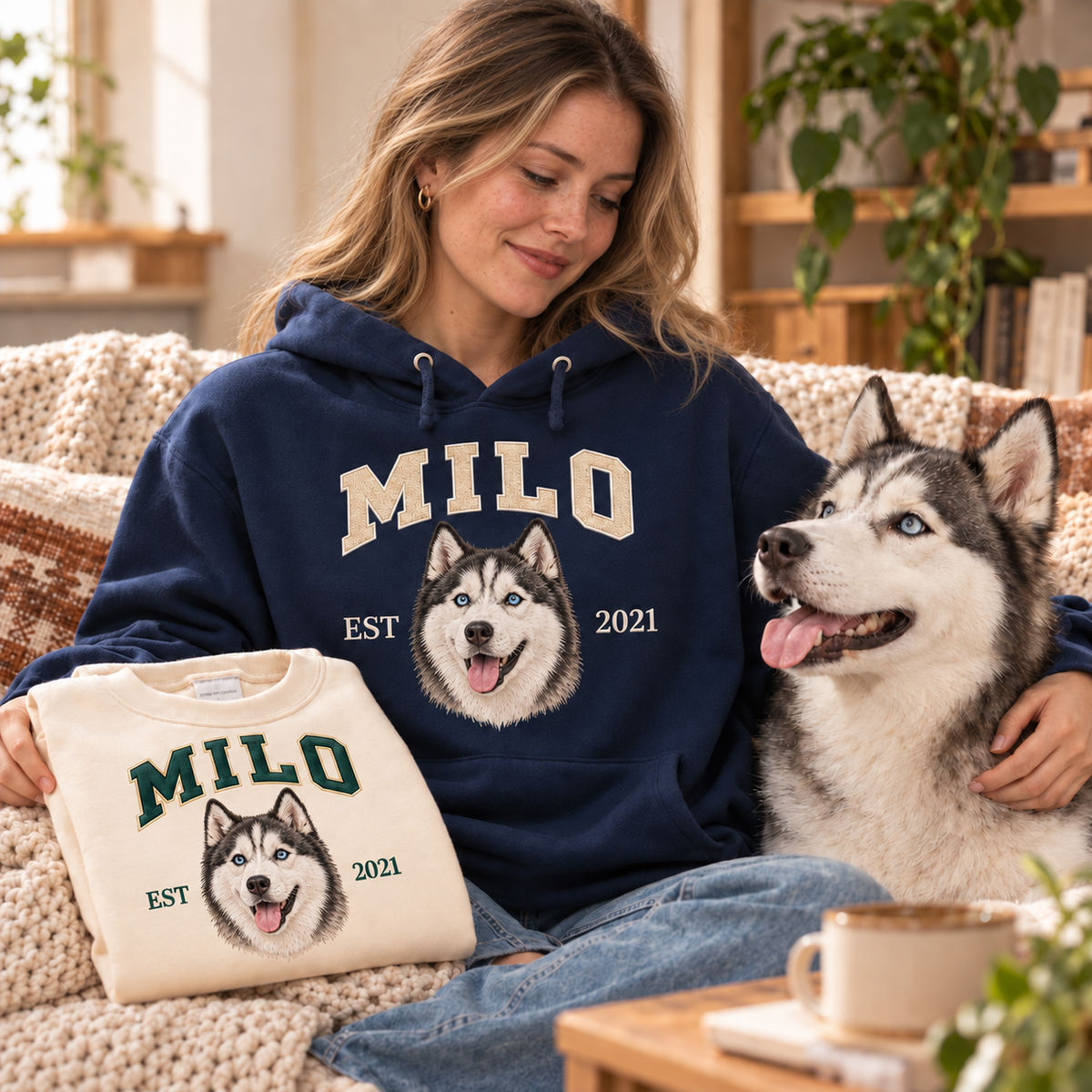 Custom Pet Embroidered Sweatshirt & Hoodie - Personalized Dog & Cat Portrait College Style Crewneck, Custom Pet Lover Gift