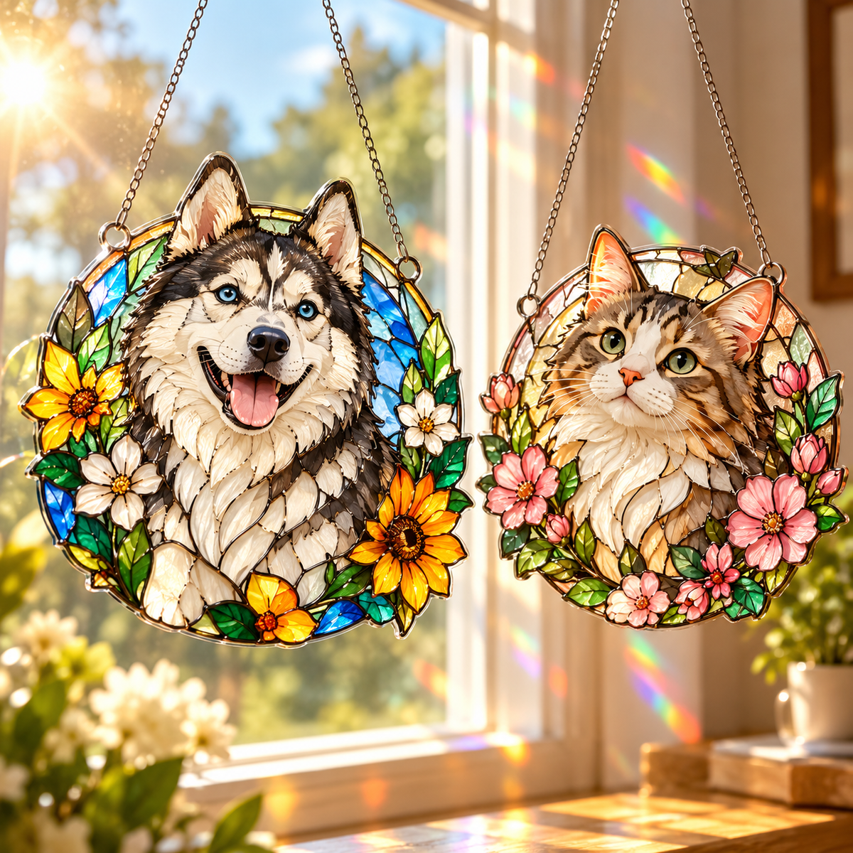 Custom Pet Suncatcher | Personalized Stained Glass Style Acrylic Window Hanging | Dog & Cat Photo Memorial Gift