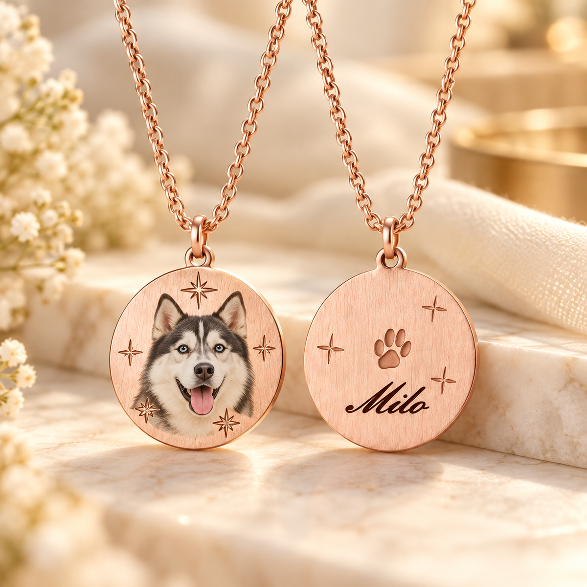 Custom Pet Photo Color Print Necklace | Personalized Dog & Cat Portrait & Name Engraved Pendant