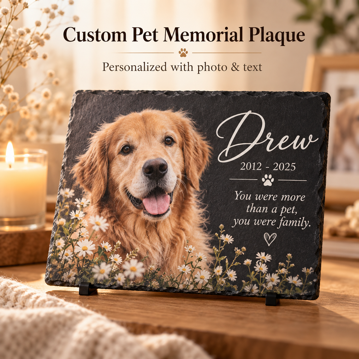 Custom Pet Memorial Plaque - Personalized Slate Grave Marker with Full Color Photo & Text