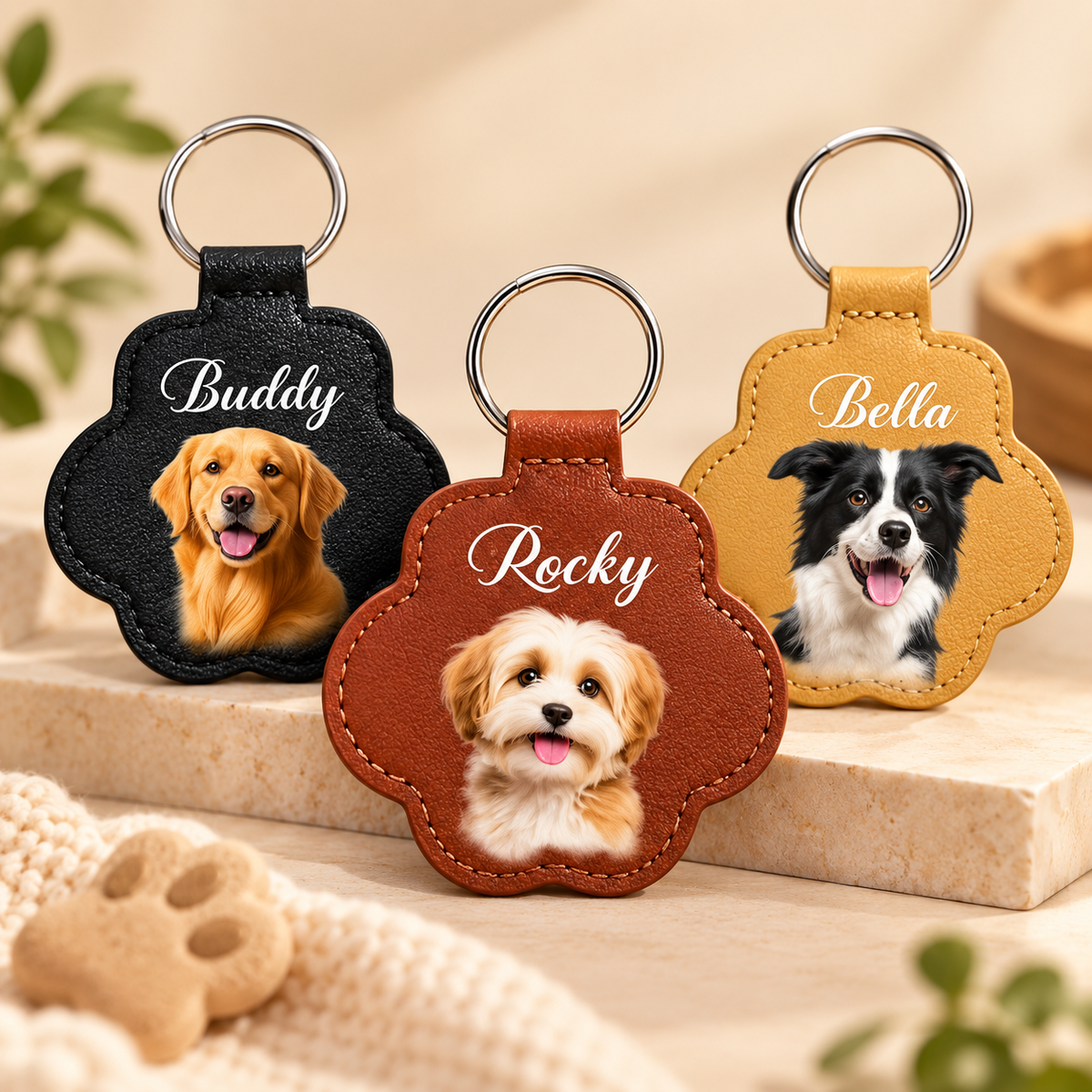 Custom Pet Photo Leather Keychain | Personalized Dog & Cat Paw Print Bag & Collar Charm
