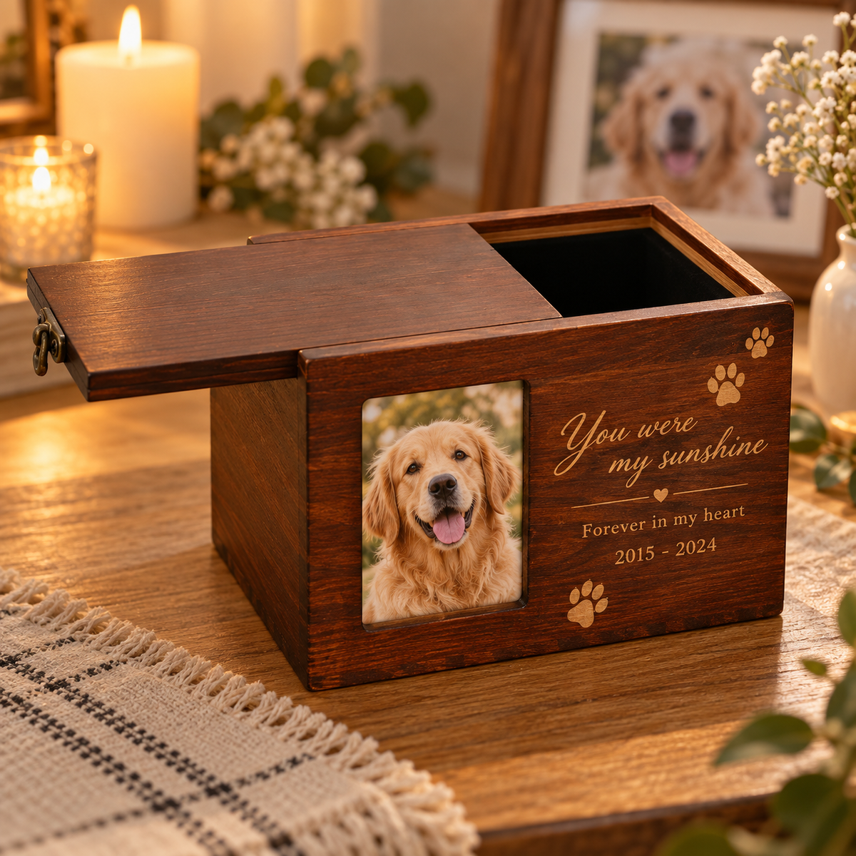 Custom Wooden Pet Urn & Memorial Box | Personalized Dog & Cat Ashes Casket with Photo Frame & Engraving