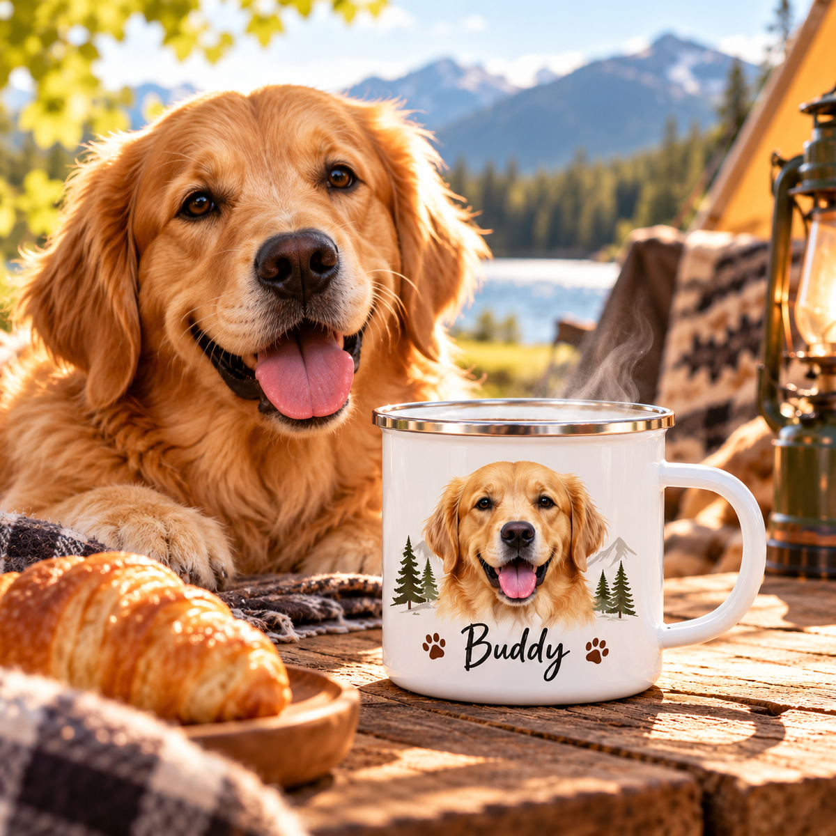 Custom Color Enamel Camping Mug | Personalized Dog & Cat Photo Coffee Cup | Shatterproof Outdoor Camp Mug with Name