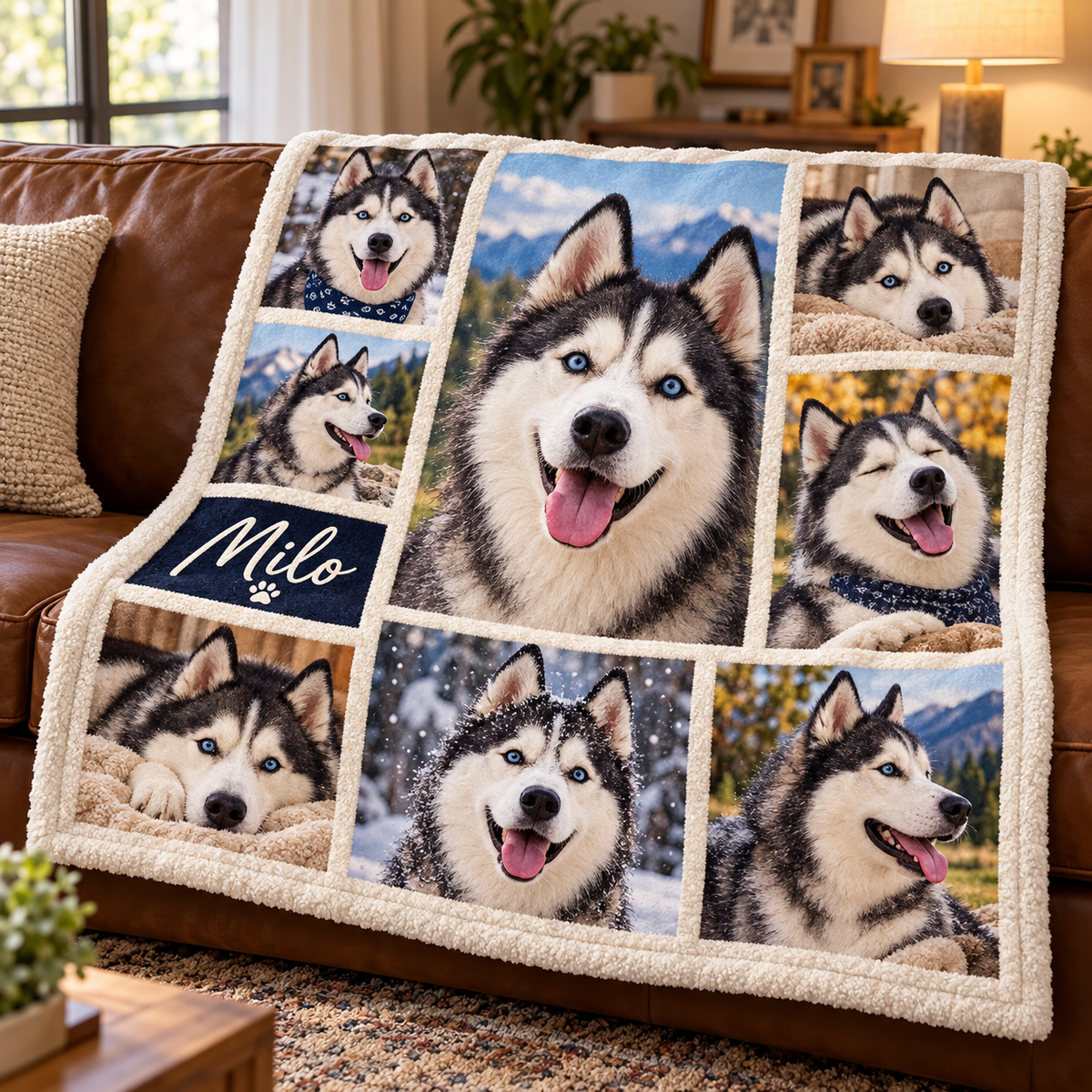 Custom Pet Photo Blanket | Personalized Name & Multi-Photo Collage Fleece Throw for Dogs & Cats