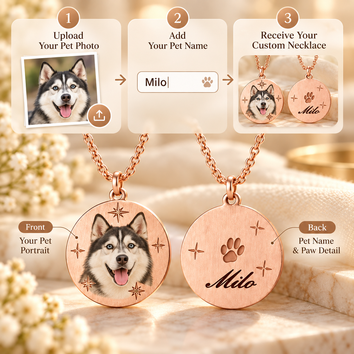 Custom Pet Photo Color Print Necklace | Personalized Dog & Cat Portrait & Name Engraved Pendant