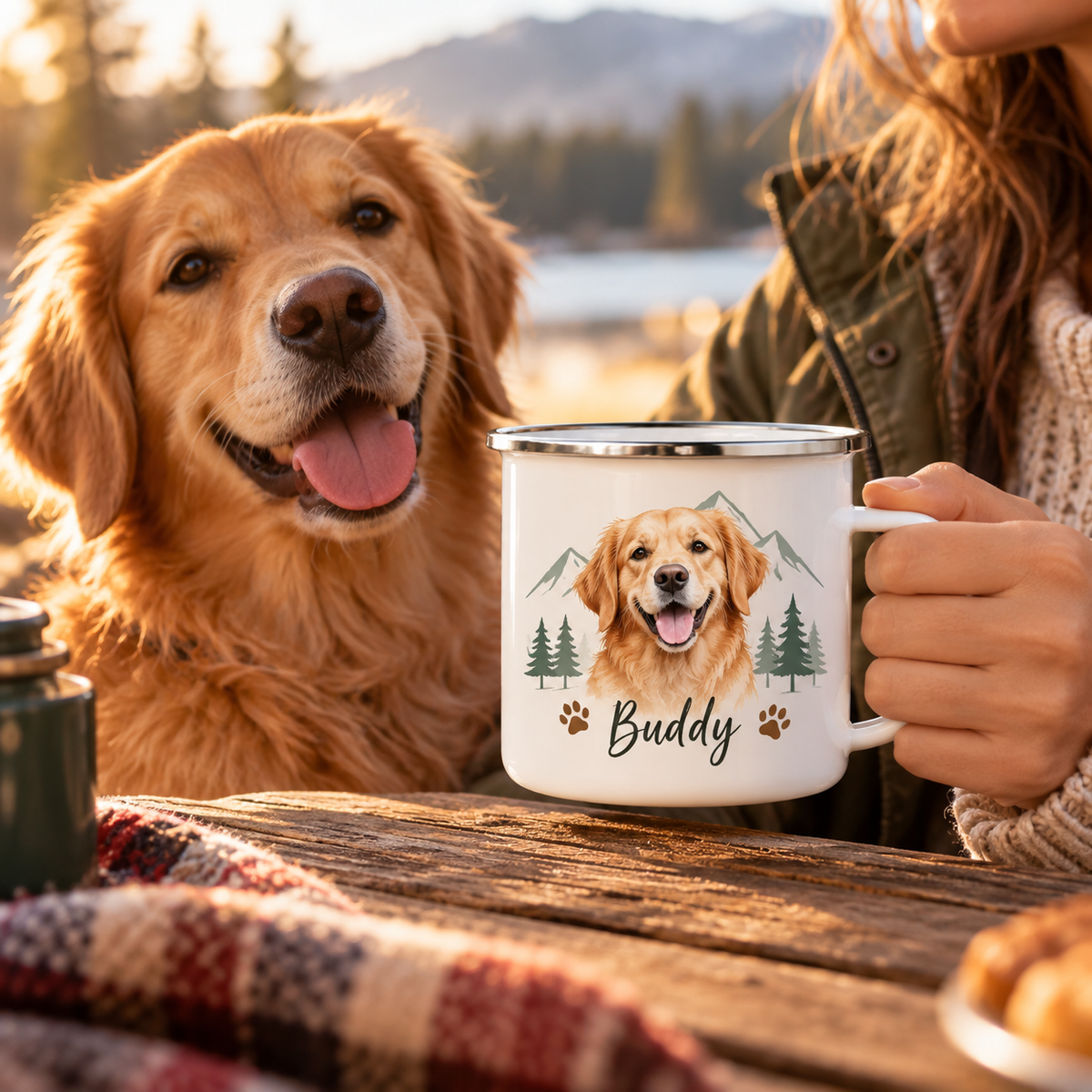 Custom Color Enamel Camping Mug | Personalized Dog & Cat Photo Coffee Cup | Shatterproof Outdoor Camp Mug with Name