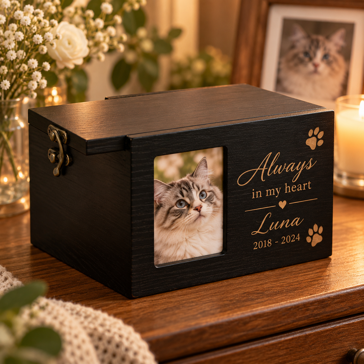 Custom Wooden Pet Urn & Memorial Box | Personalized Dog & Cat Ashes Casket with Photo Frame & Engraving
