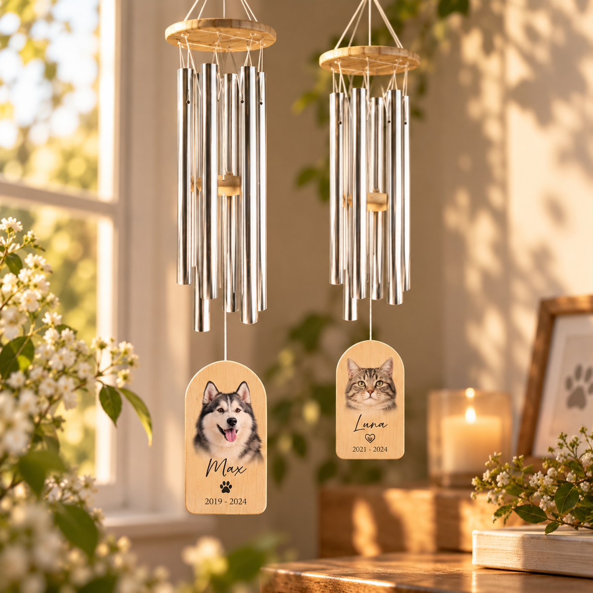 Custom Pet Memorial Wind Chime - Personalized Photo, Name & Date Sympathy Wind Chime for Dogs and Cats