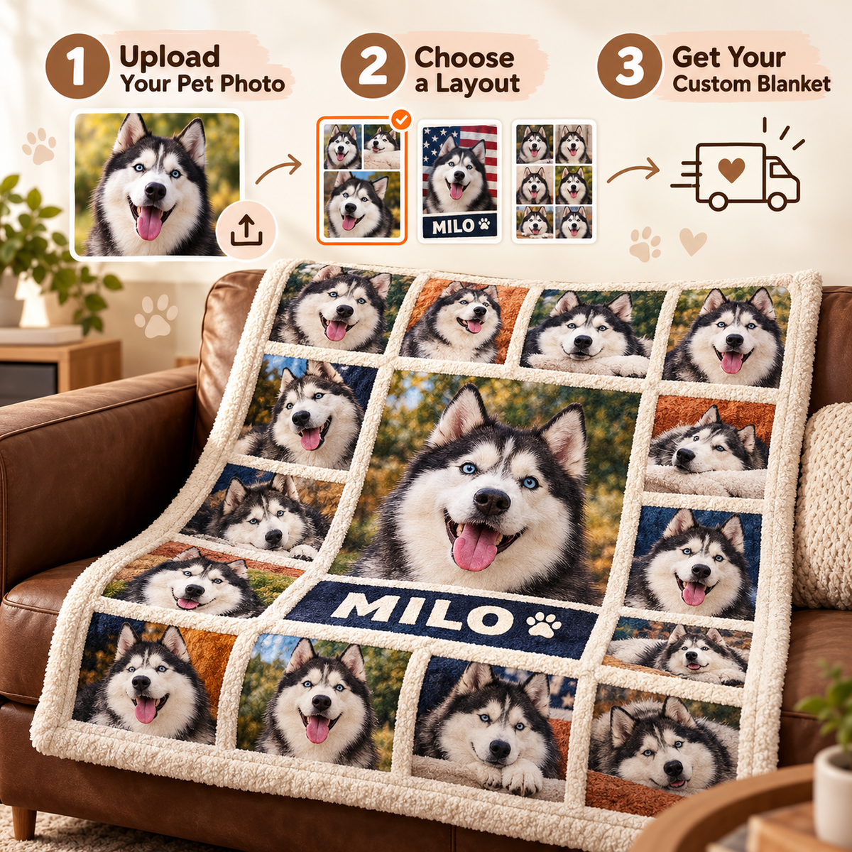 Custom Pet Photo Blanket | Personalized Name & Multi-Photo Collage Fleece Throw for Dogs & Cats