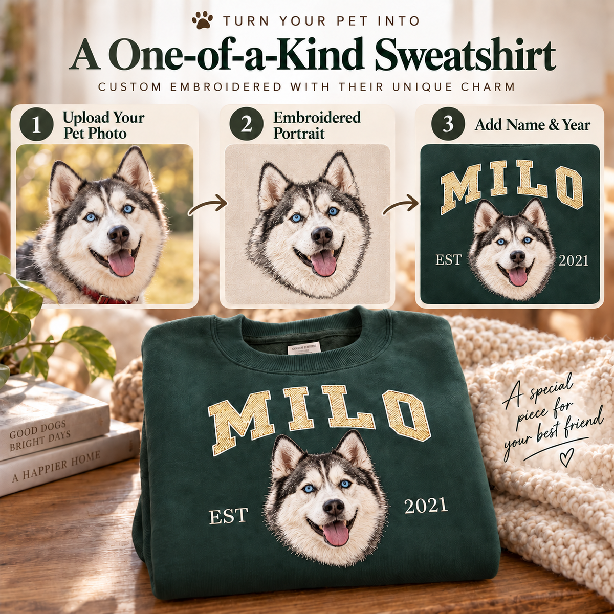 Custom Pet Embroidered Sweatshirt & Hoodie - Personalized Dog & Cat Portrait College Style Crewneck, Custom Pet Lover Gift