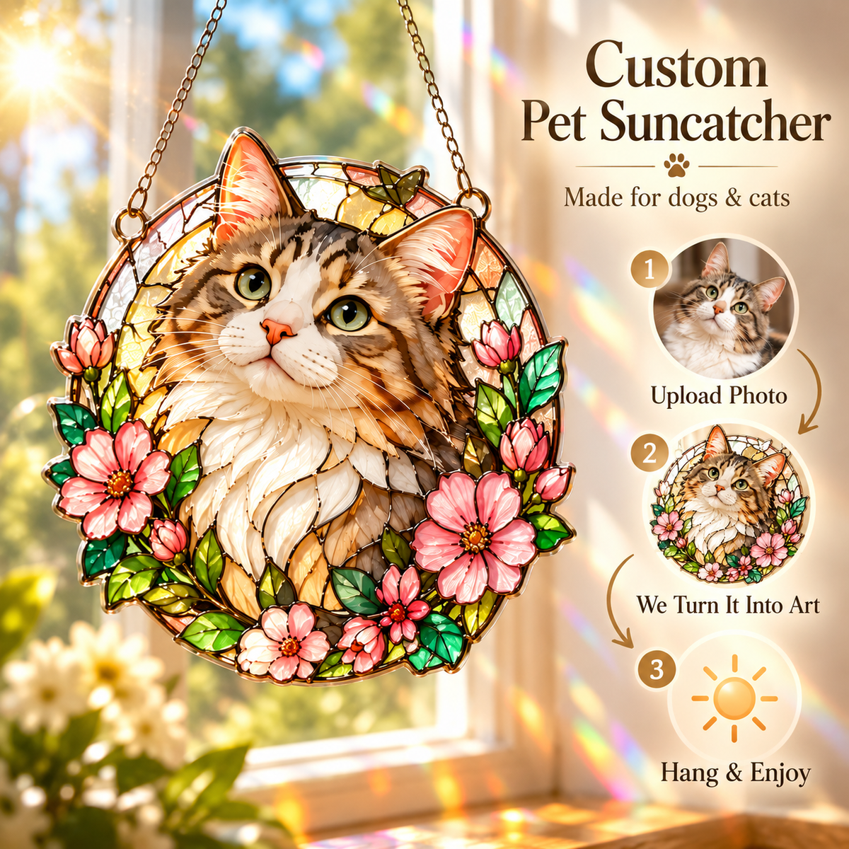 Custom Pet Suncatcher | Personalized Stained Glass Style Acrylic Window Hanging | Dog & Cat Photo Memorial Gift