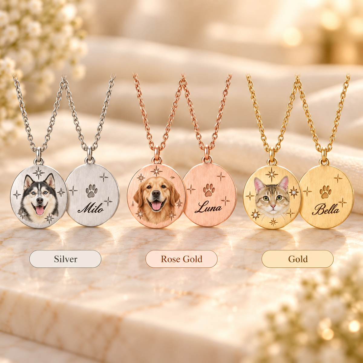 Custom Pet Photo Color Print Necklace | Personalized Dog & Cat Portrait & Name Engraved Pendant
