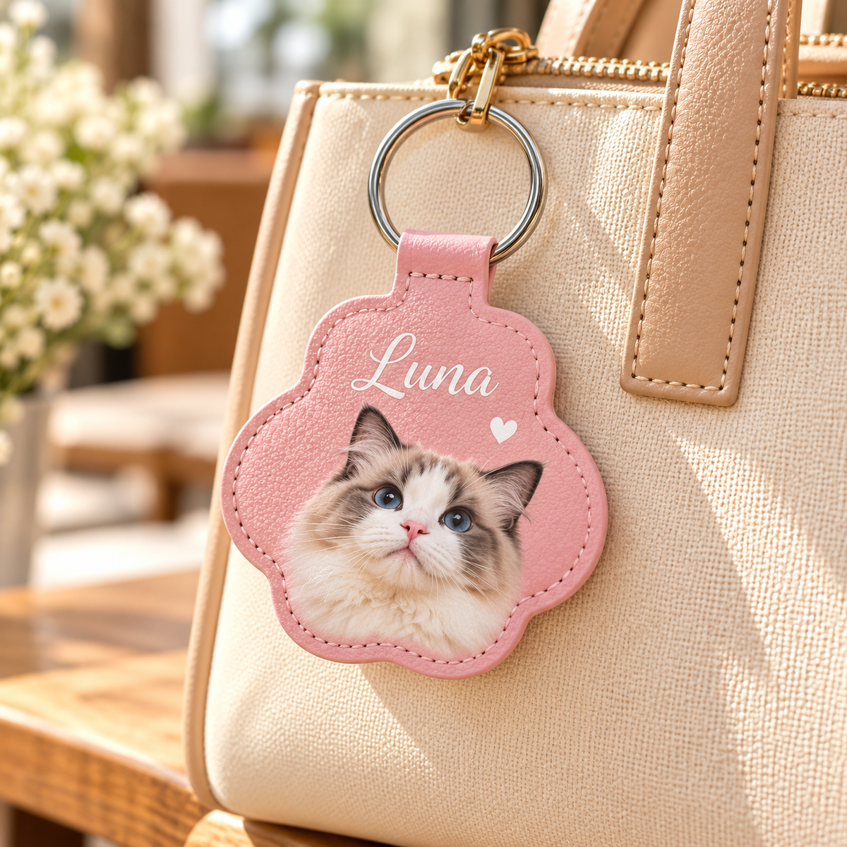 Custom Pet Photo Leather Keychain | Personalized Dog & Cat Paw Print Bag & Collar Charm