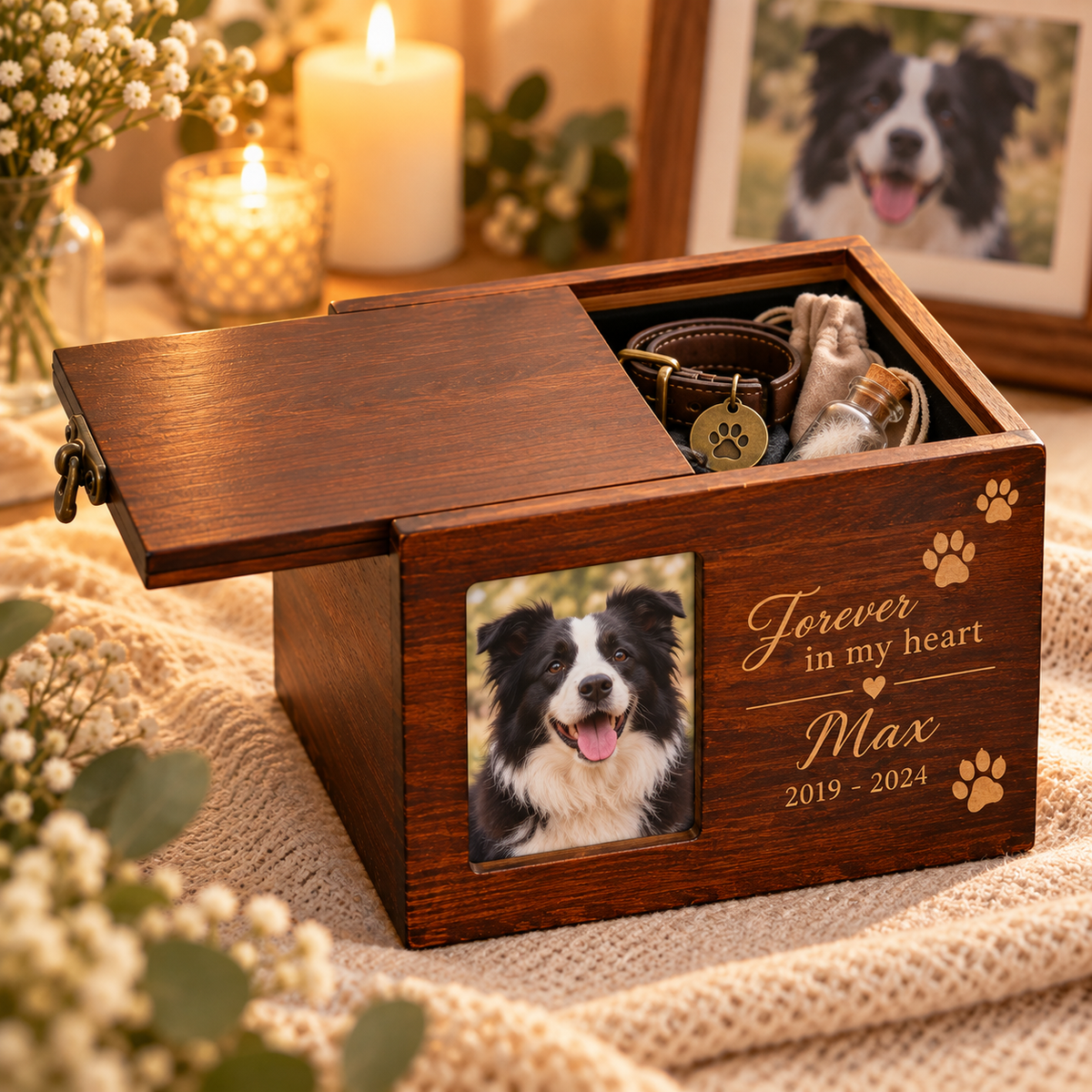 Custom Wooden Pet Urn & Memorial Box | Personalized Dog & Cat Ashes Casket with Photo Frame & Engraving