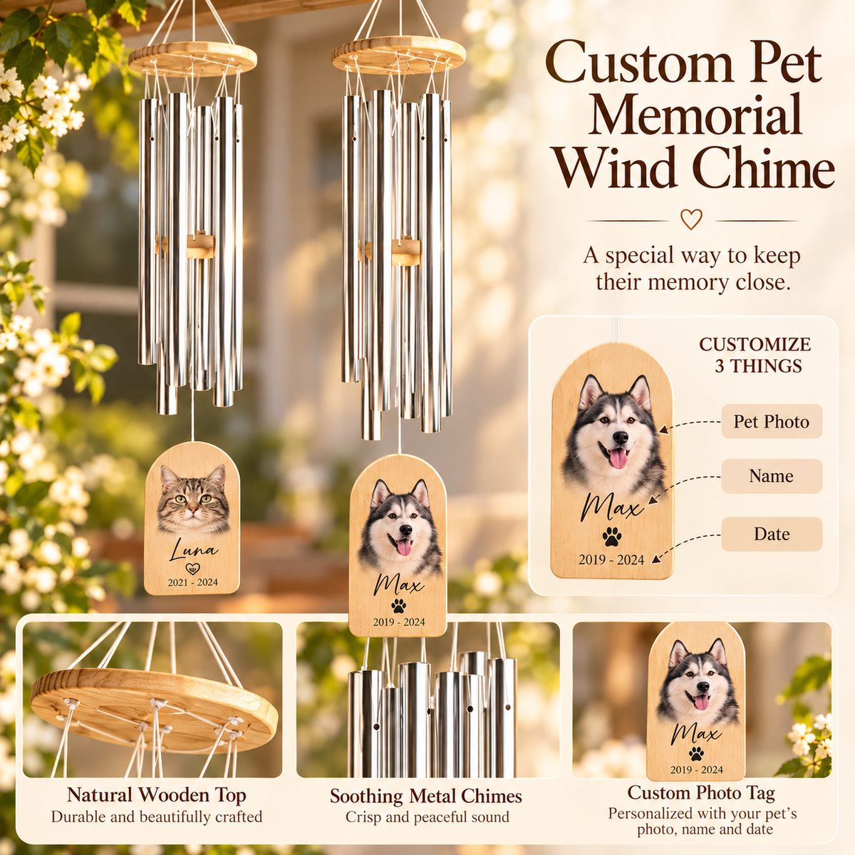 Custom Pet Memorial Wind Chime - Personalized Photo, Name & Date Sympathy Wind Chime for Dogs and Cats