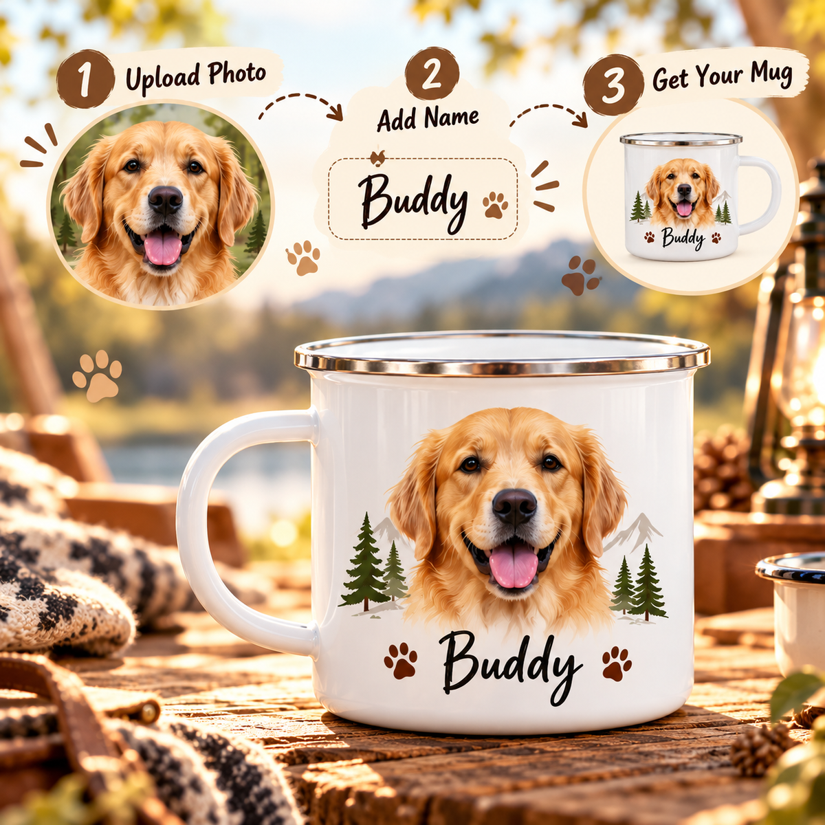 Custom Color Enamel Camping Mug | Personalized Dog & Cat Photo Coffee Cup | Shatterproof Outdoor Camp Mug with Name
