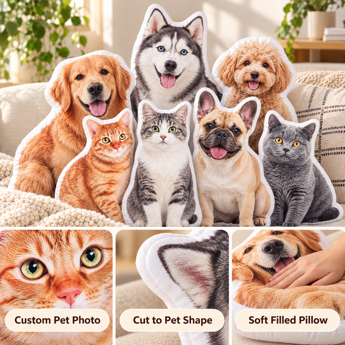 Personalized Pet Photo Pillow - Custom Shaped Cutout Dog & Cat Cushion