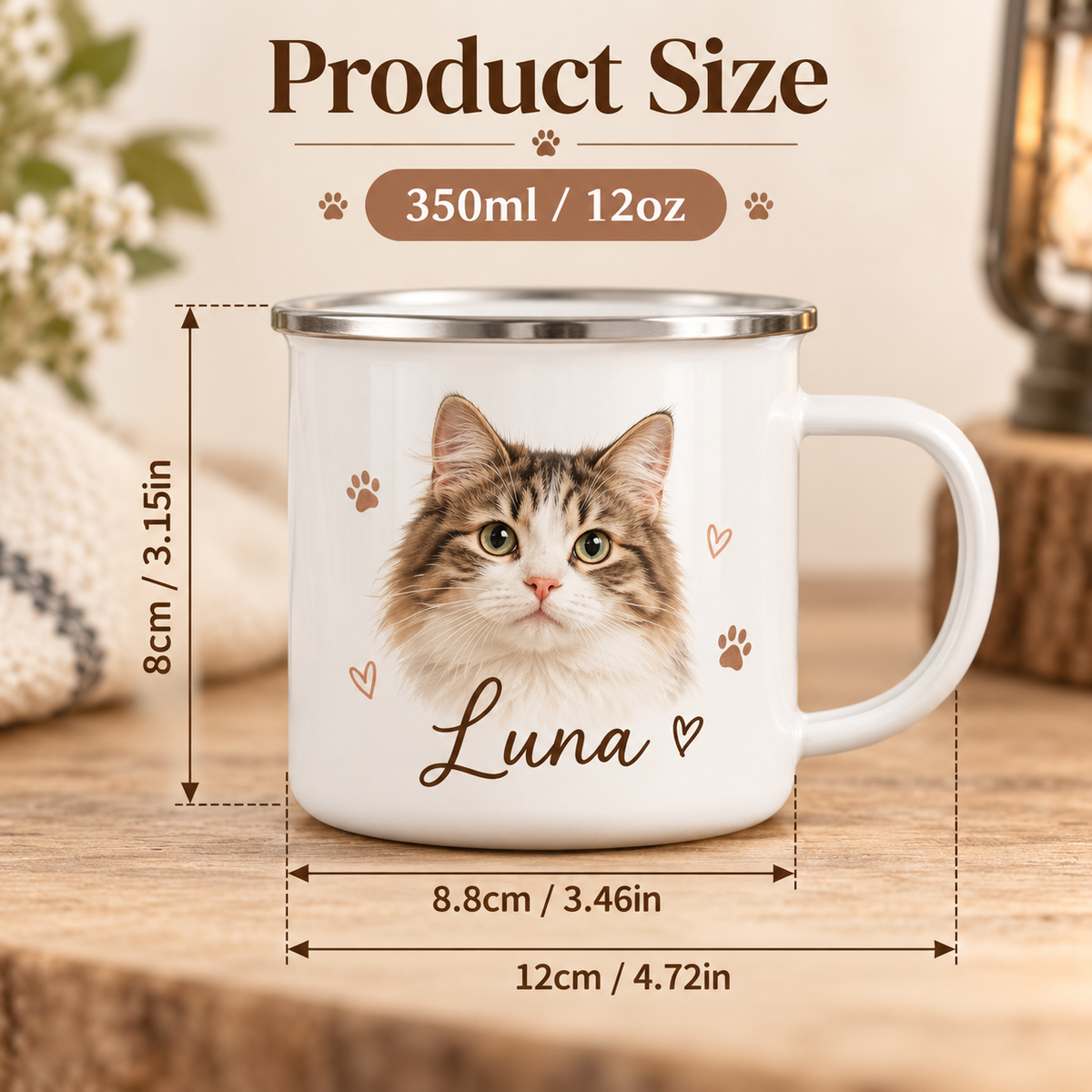 Custom Color Enamel Camping Mug | Personalized Dog & Cat Photo Coffee Cup | Shatterproof Outdoor Camp Mug with Name