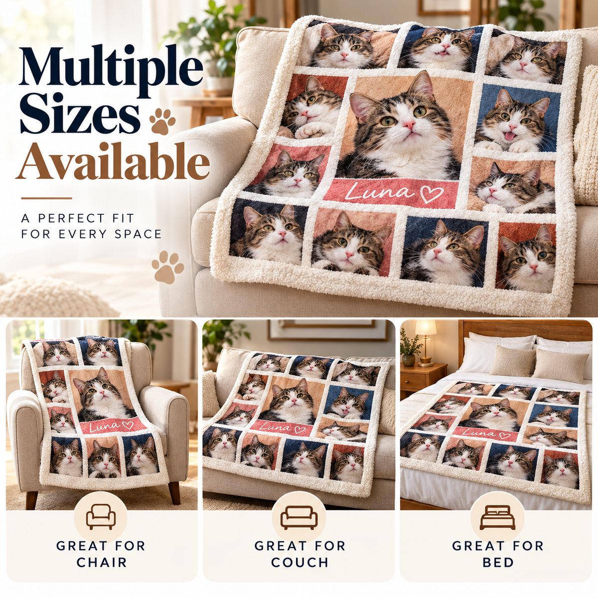 Custom Pet Photo Blanket | Personalized Name & Multi-Photo Collage Fleece Throw for Dogs & Cats