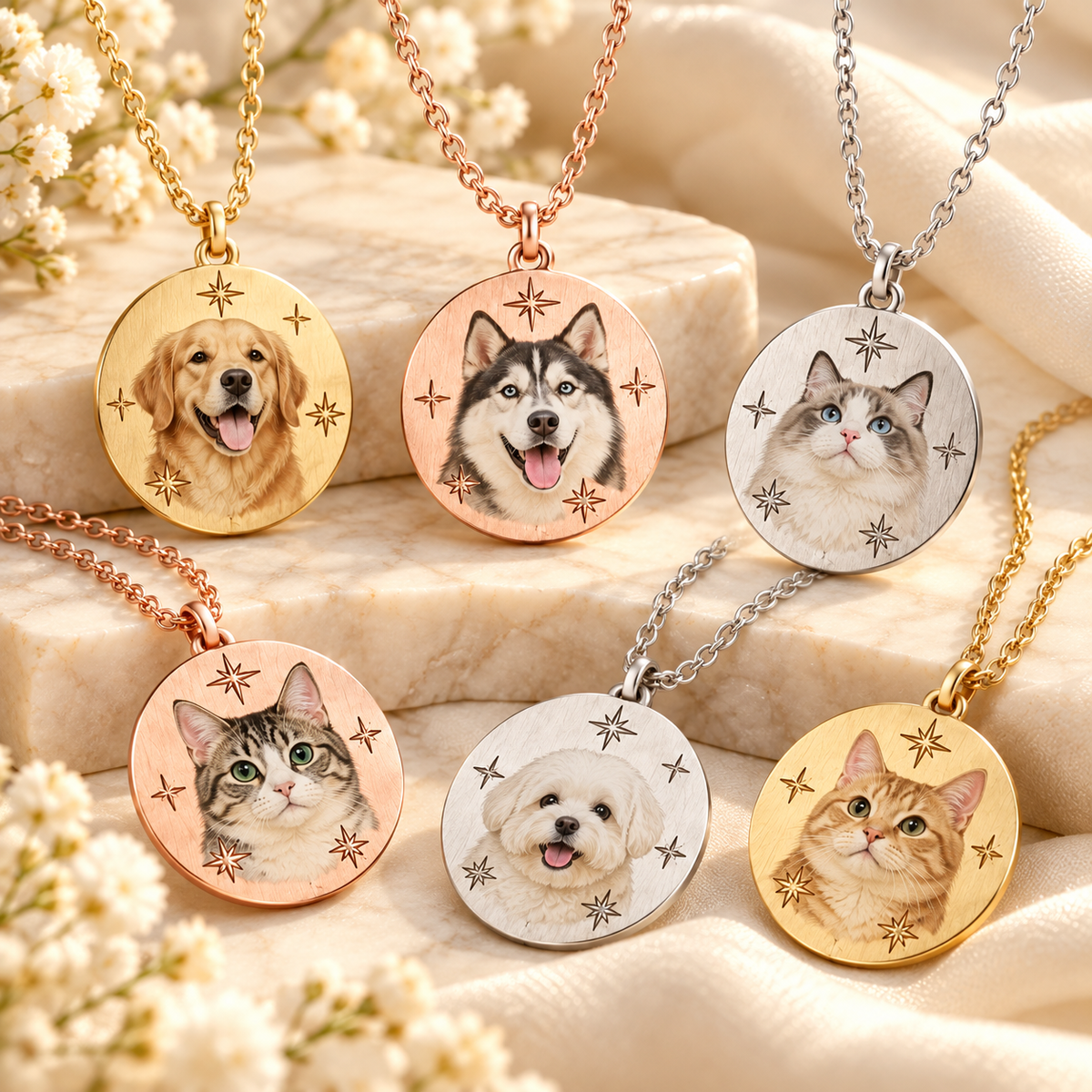 Custom Pet Photo Color Print Necklace | Personalized Dog & Cat Portrait & Name Engraved Pendant