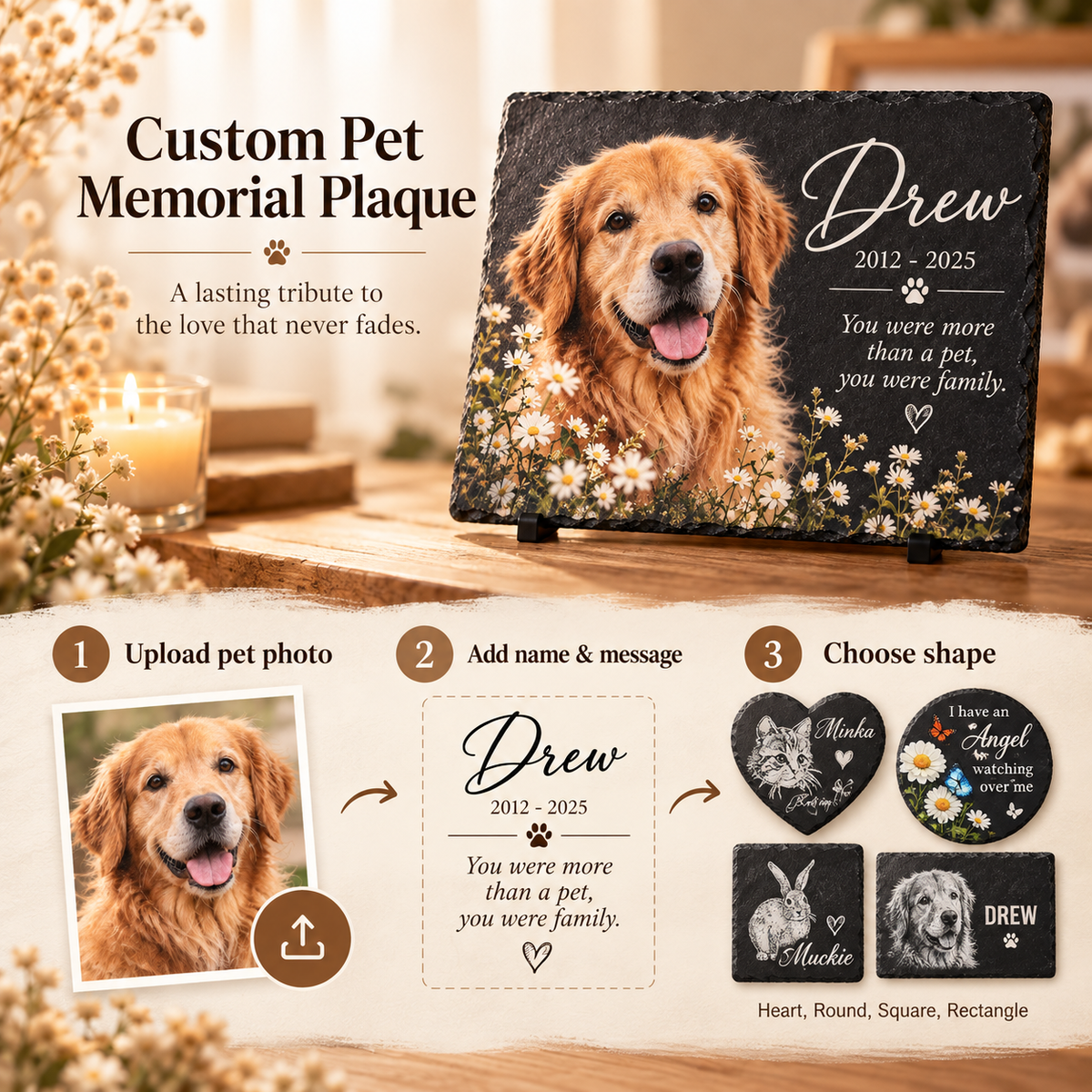Custom Pet Memorial Plaque - Personalized Slate Grave Marker with Full Color Photo & Text