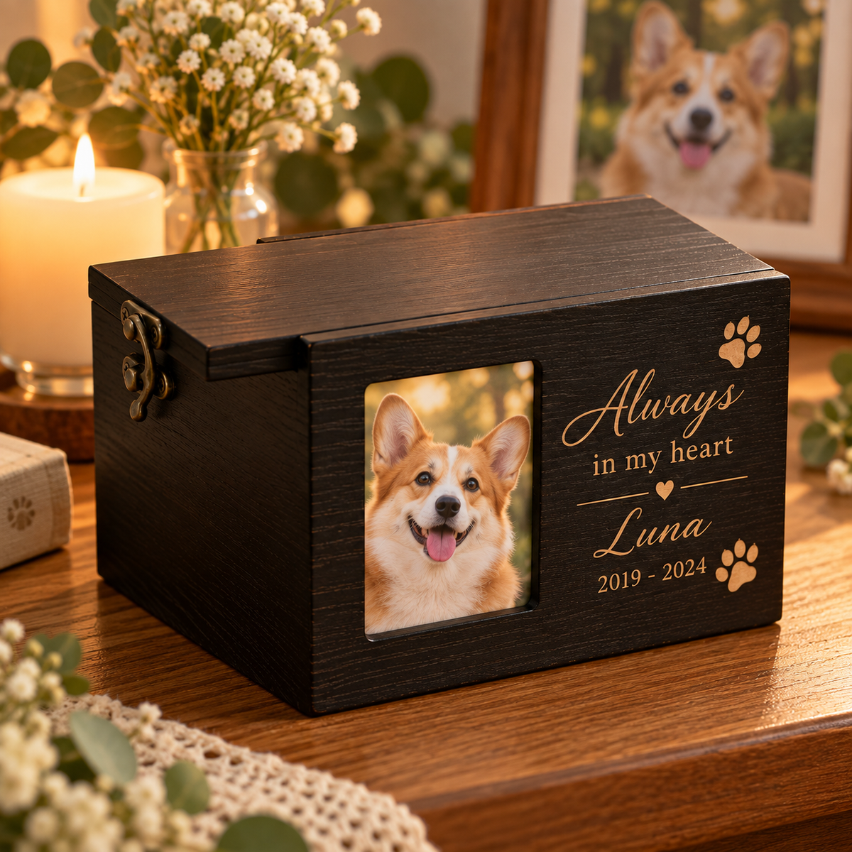 Custom Wooden Pet Urn & Memorial Box | Personalized Dog & Cat Ashes Casket with Photo Frame & Engraving
