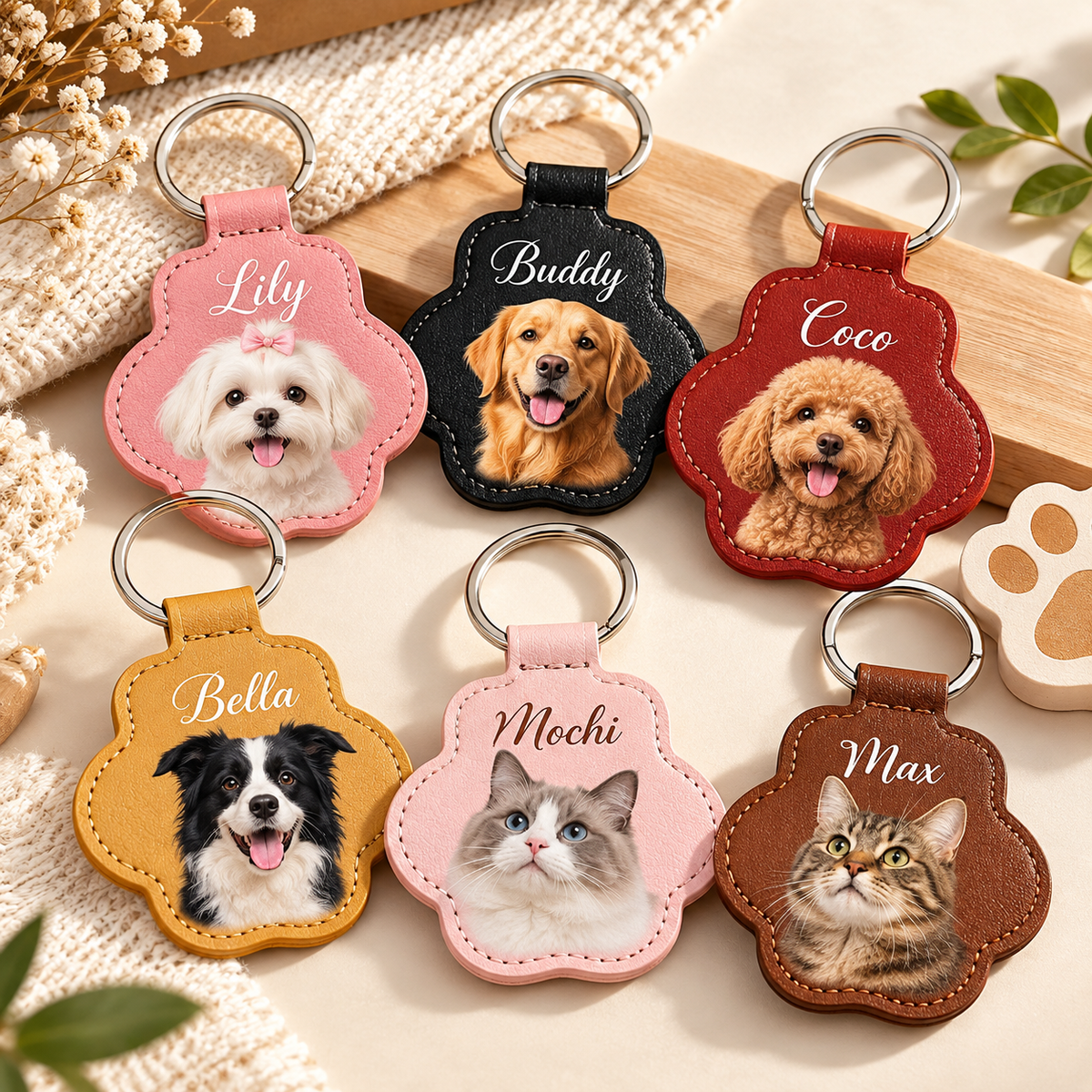 Custom Pet Photo Leather Keychain | Personalized Dog & Cat Paw Print Bag & Collar Charm