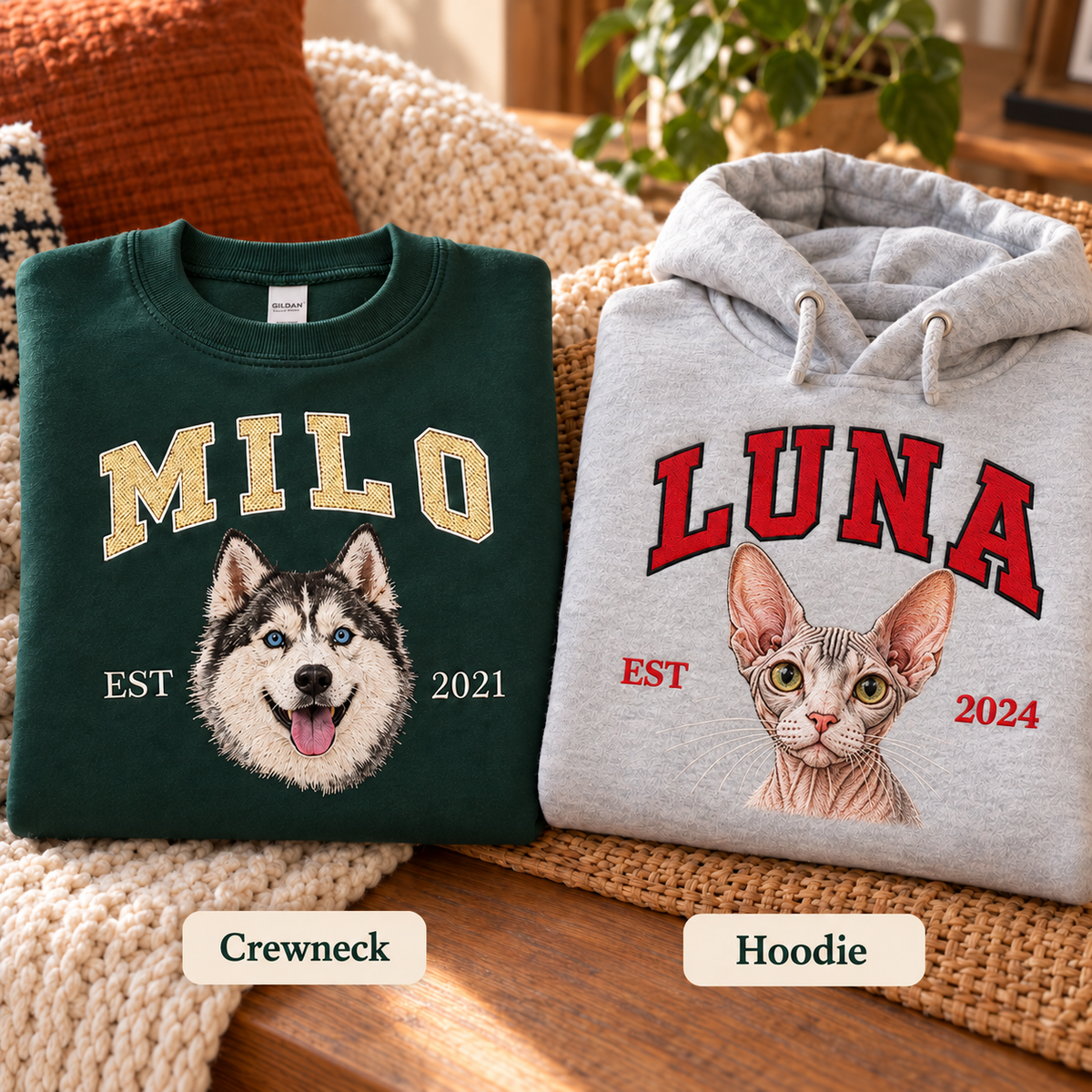 Custom Pet Embroidered Sweatshirt & Hoodie - Personalized Dog & Cat Portrait College Style Crewneck, Custom Pet Lover Gift