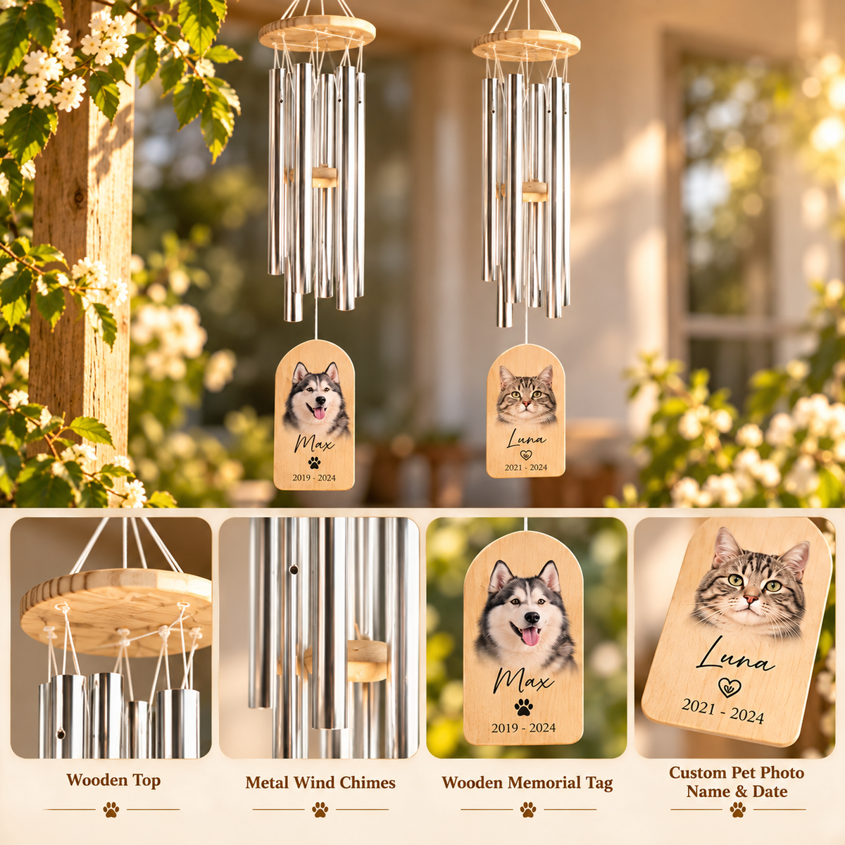 Custom Pet Memorial Wind Chime - Personalized Photo, Name & Date Sympathy Wind Chime for Dogs and Cats