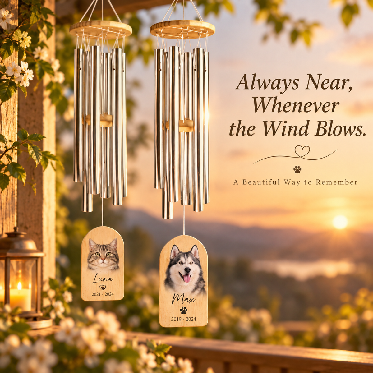 Custom Pet Memorial Wind Chime - Personalized Photo, Name & Date Sympathy Wind Chime for Dogs and Cats