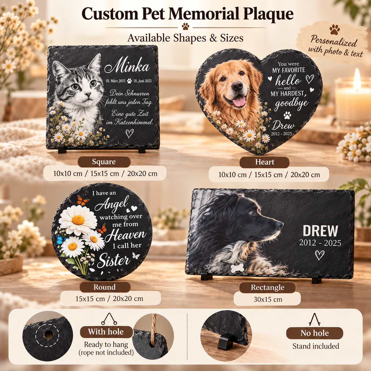 Custom Pet Memorial Plaque - Personalized Slate Grave Marker with Full Color Photo & Text