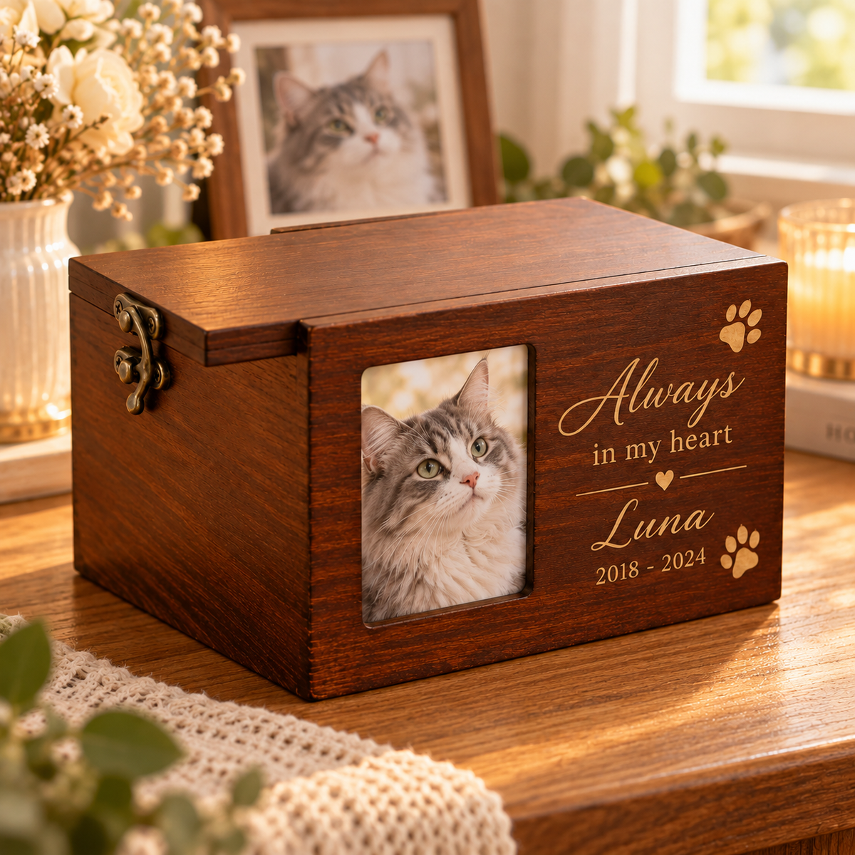 Custom Wooden Pet Urn & Memorial Box | Personalized Dog & Cat Ashes Casket with Photo Frame & Engraving