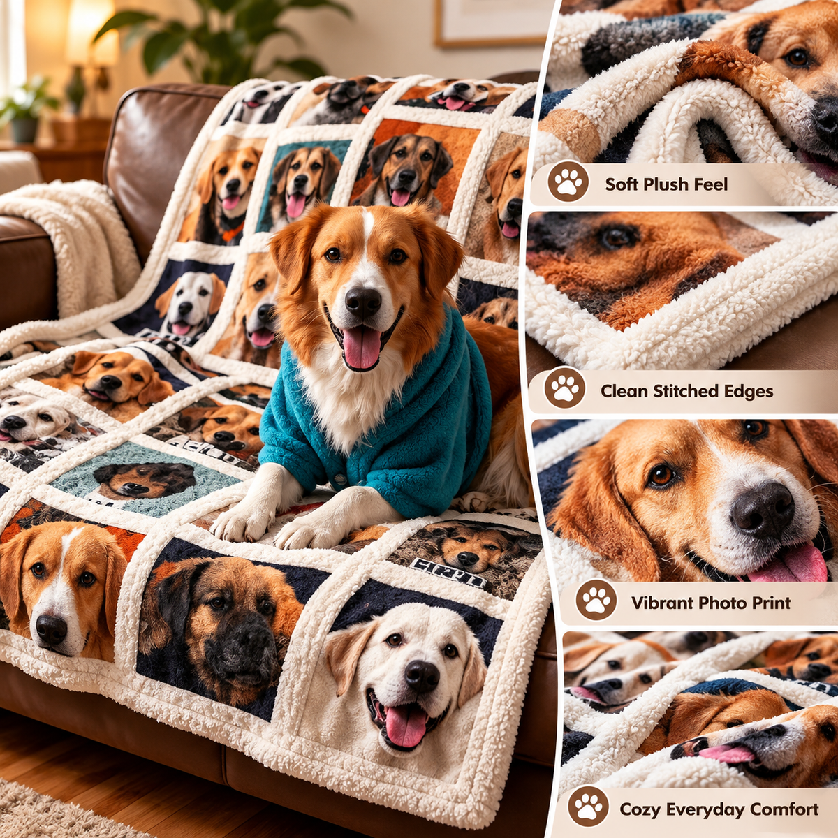 Custom Pet Photo Blanket | Personalized Name & Multi-Photo Collage Fleece Throw for Dogs & Cats