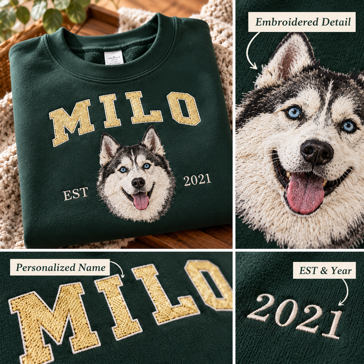 Custom Pet Embroidered Sweatshirt & Hoodie - Personalized Dog & Cat Portrait College Style Crewneck, Custom Pet Lover Gift