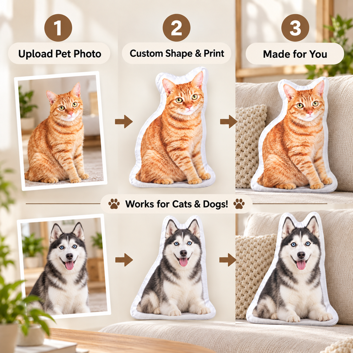 Personalized Pet Photo Pillow - Custom Shaped Cutout Dog & Cat Cushion