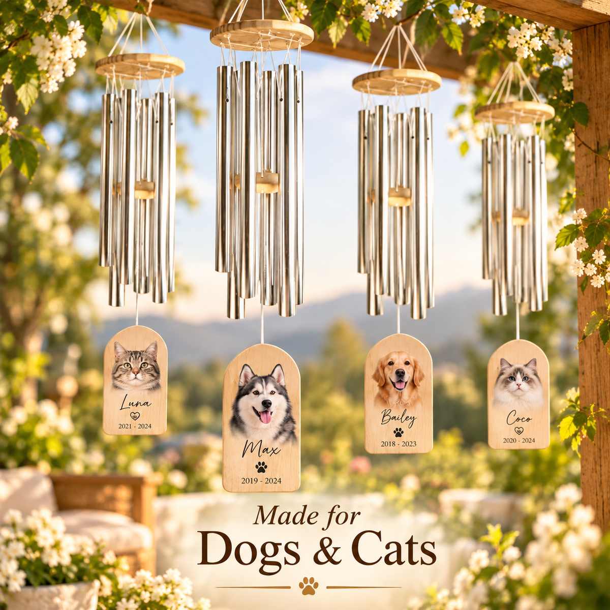 Custom Pet Memorial Wind Chime - Personalized Photo, Name & Date Sympathy Wind Chime for Dogs and Cats