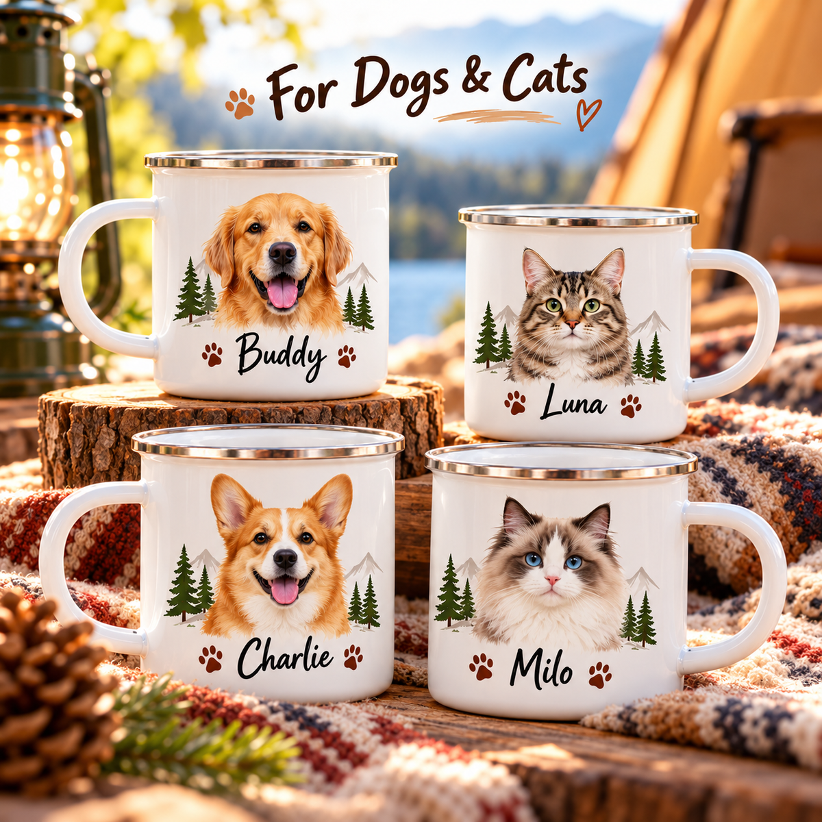 Custom Color Enamel Camping Mug | Personalized Dog & Cat Photo Coffee Cup | Shatterproof Outdoor Camp Mug with Name