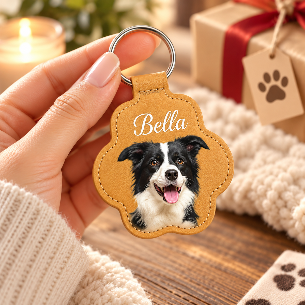 Custom Pet Photo Leather Keychain | Personalized Dog & Cat Paw Print Bag & Collar Charm