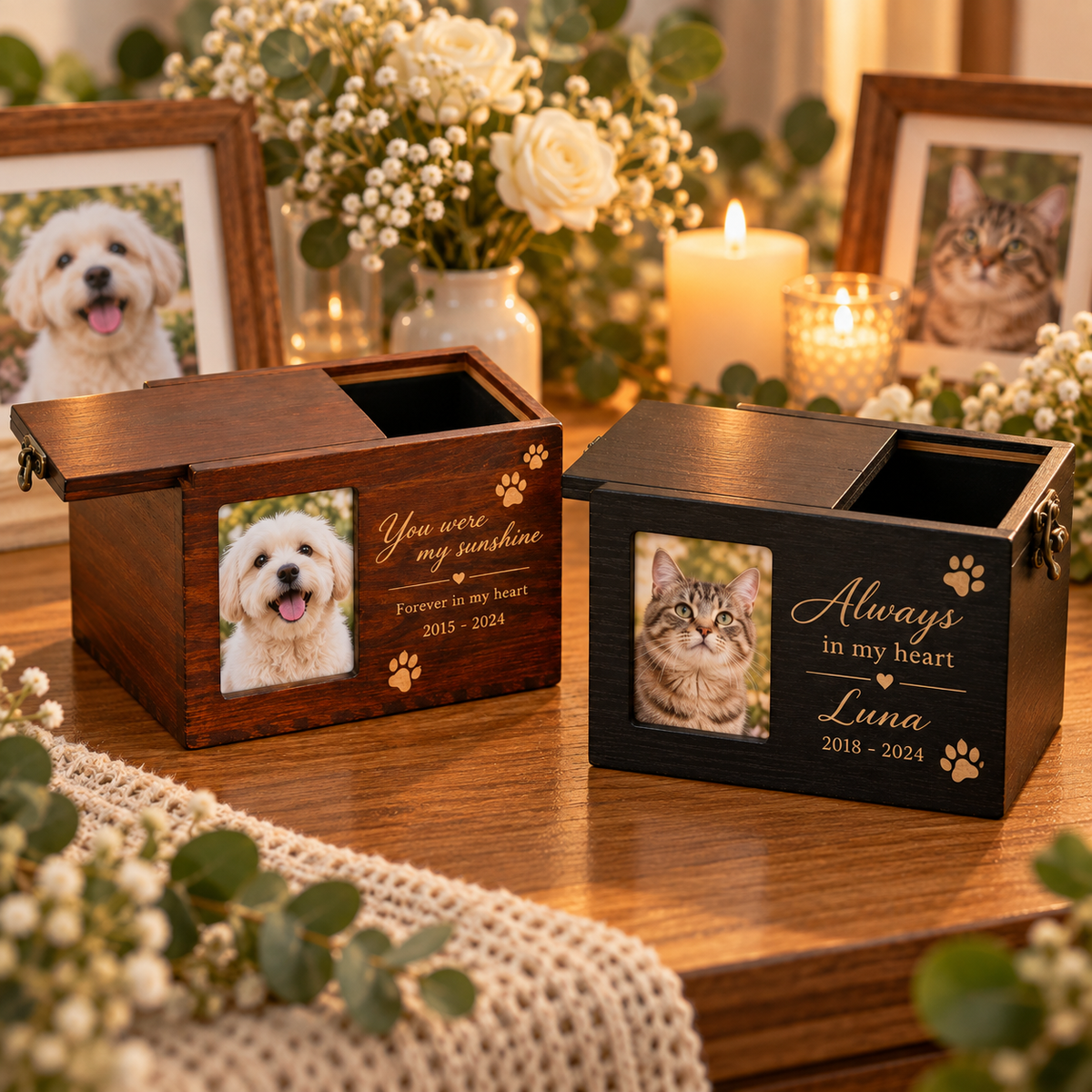 Custom Wooden Pet Urn & Memorial Box | Personalized Dog & Cat Ashes Casket with Photo Frame & Engraving