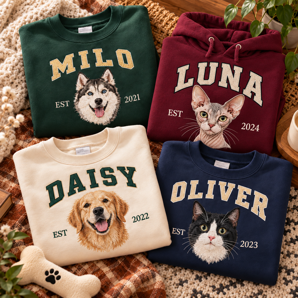 Custom Pet Embroidered Sweatshirt & Hoodie - Personalized Dog & Cat Portrait College Style Crewneck, Custom Pet Lover Gift