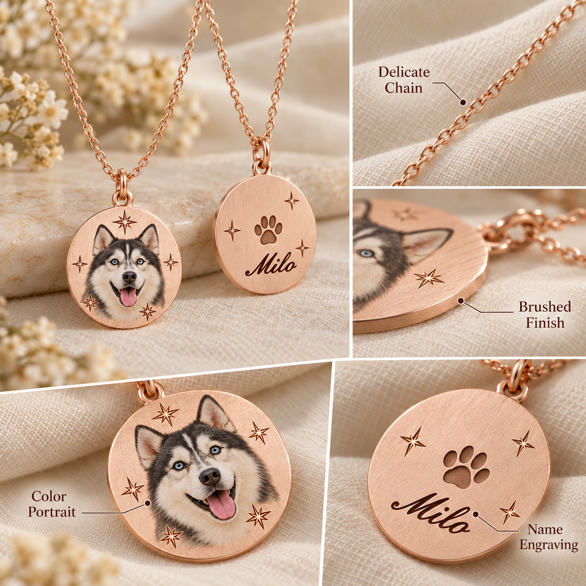 Custom Pet Photo Color Print Necklace | Personalized Dog & Cat Portrait & Name Engraved Pendant