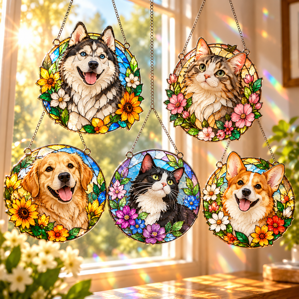 Custom Pet Suncatcher | Personalized Stained Glass Style Acrylic Window Hanging | Dog & Cat Photo Memorial Gift