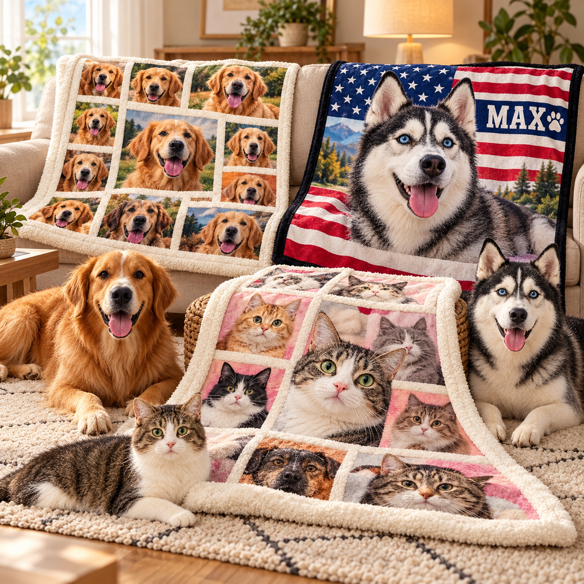 Custom Pet Photo Blanket | Personalized Name & Multi-Photo Collage Fleece Throw for Dogs & Cats