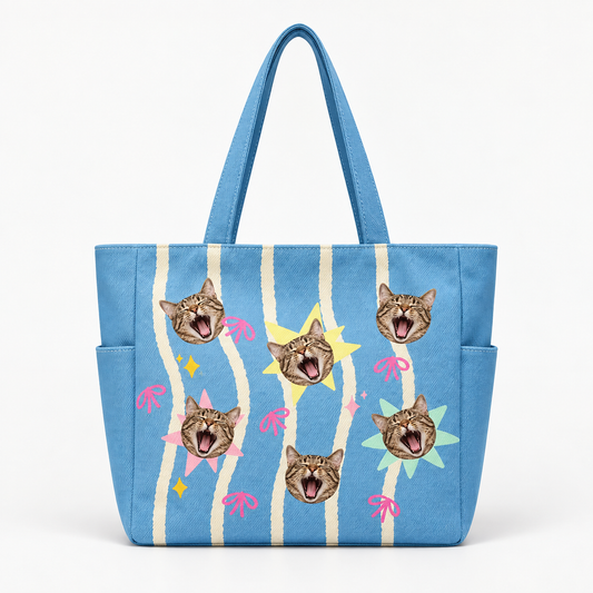 Custom Pet Canvas Tote Bag, Personalized Dog Cat Photo & Name Shopper Bag, Cute Multi-Color Patchwork Handbag, Large Capacity Work Travel Everyday Bag with Side Pockets