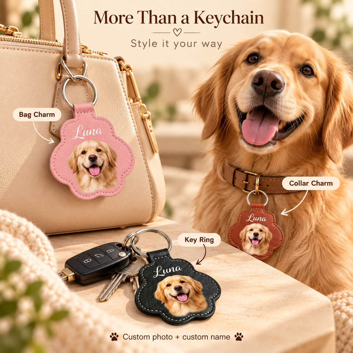 Custom Pet Photo Leather Keychain | Personalized Dog & Cat Paw Print Bag & Collar Charm