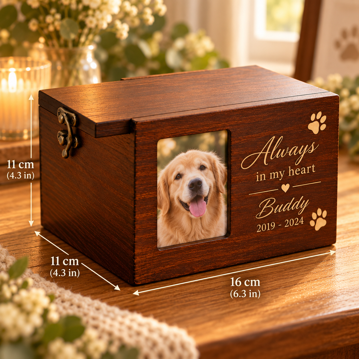 Custom Wooden Pet Urn & Memorial Box | Personalized Dog & Cat Ashes Casket with Photo Frame & Engraving
