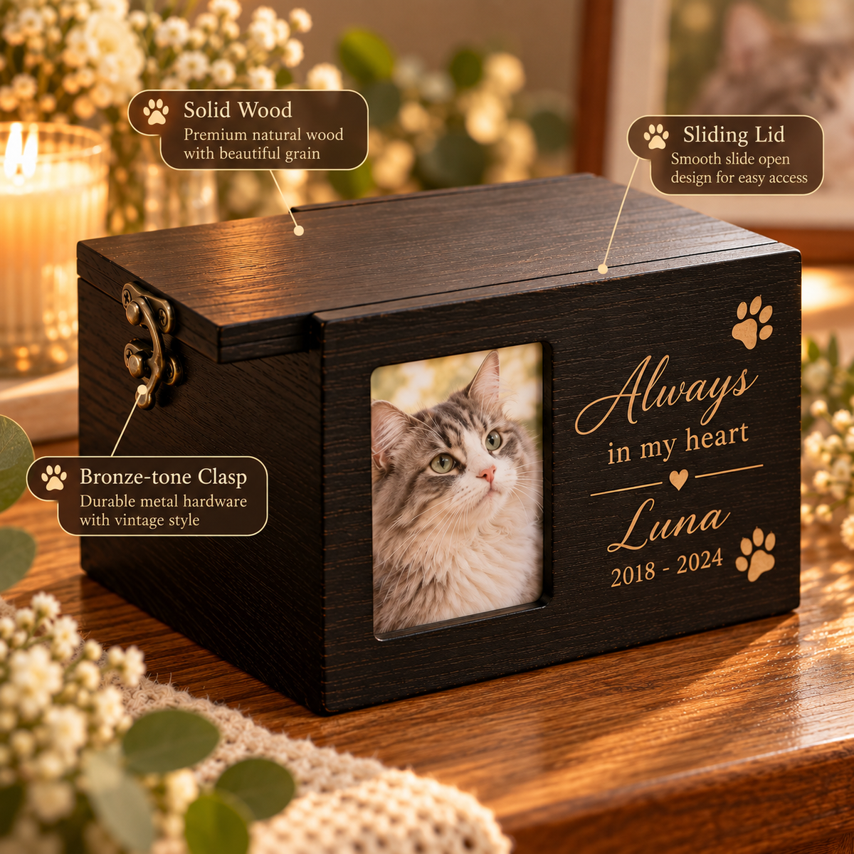 Custom Wooden Pet Urn & Memorial Box | Personalized Dog & Cat Ashes Casket with Photo Frame & Engraving
